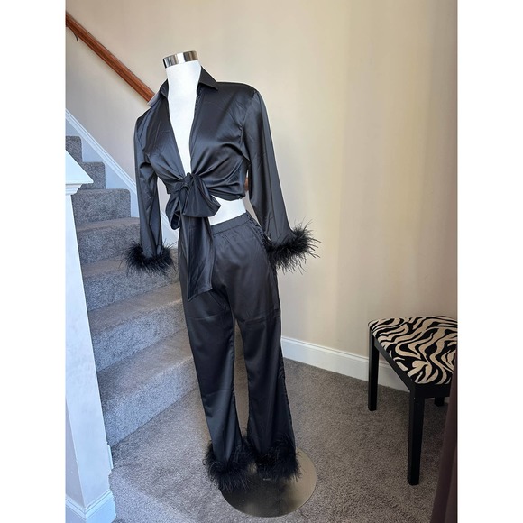 Black satin feather trim top and feather trim pants set (2 pcs) size small NWT - Picture 2 of 15